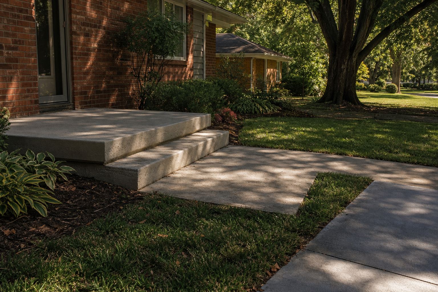 Shaded concrete porch, steps, and walkway at a brick ranch home