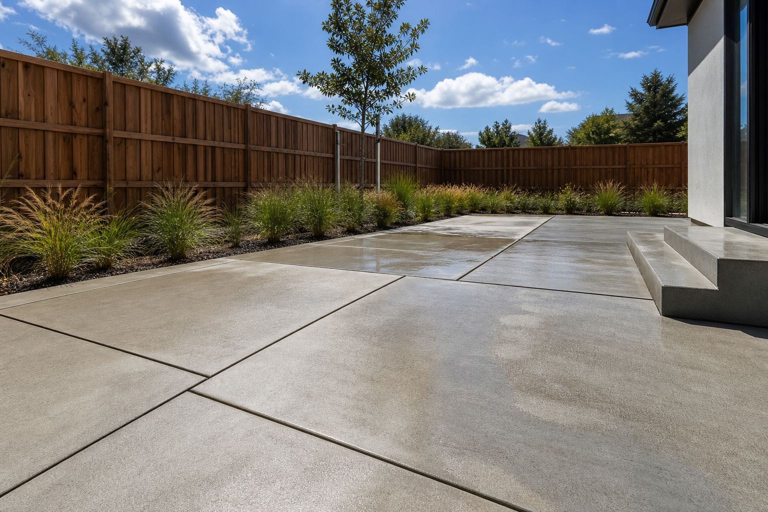 Low-angle view across a jointed backyard concrete patio