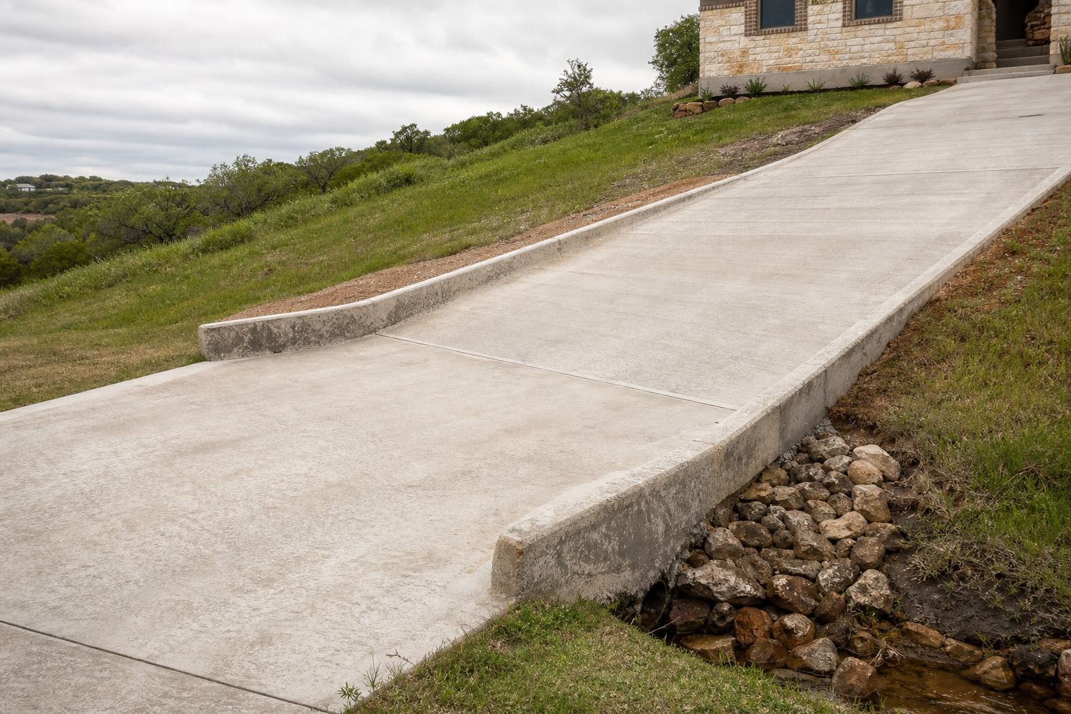 Steep concrete driveway with a drainage edge on rolling terrain