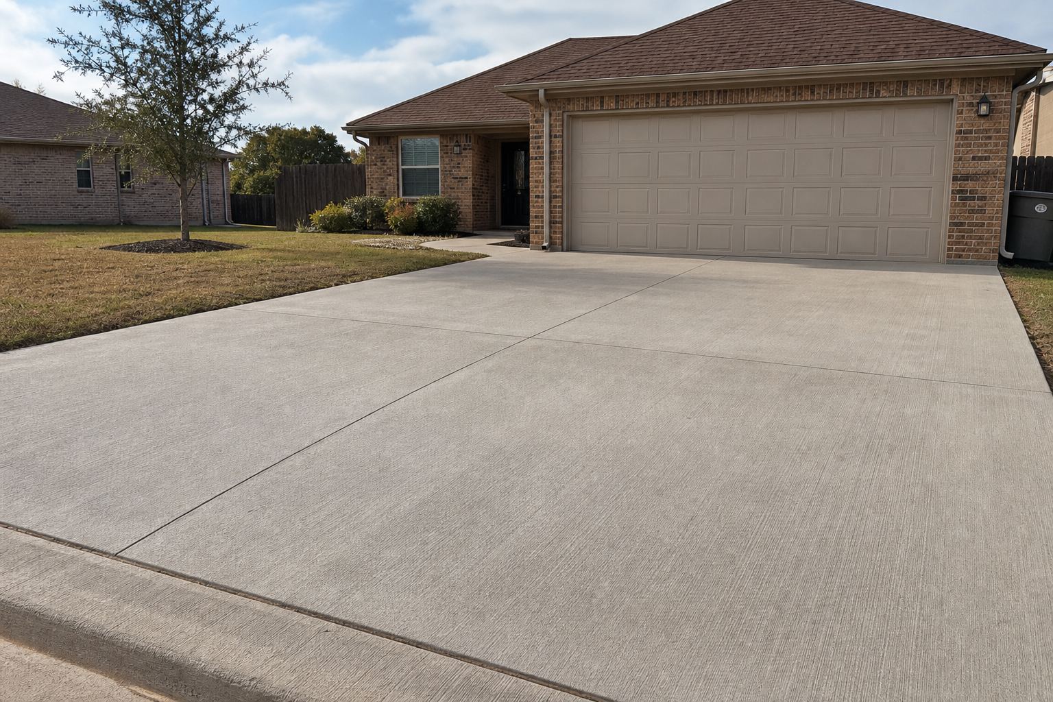 Wide residential concrete driveway leading to a two-car garage