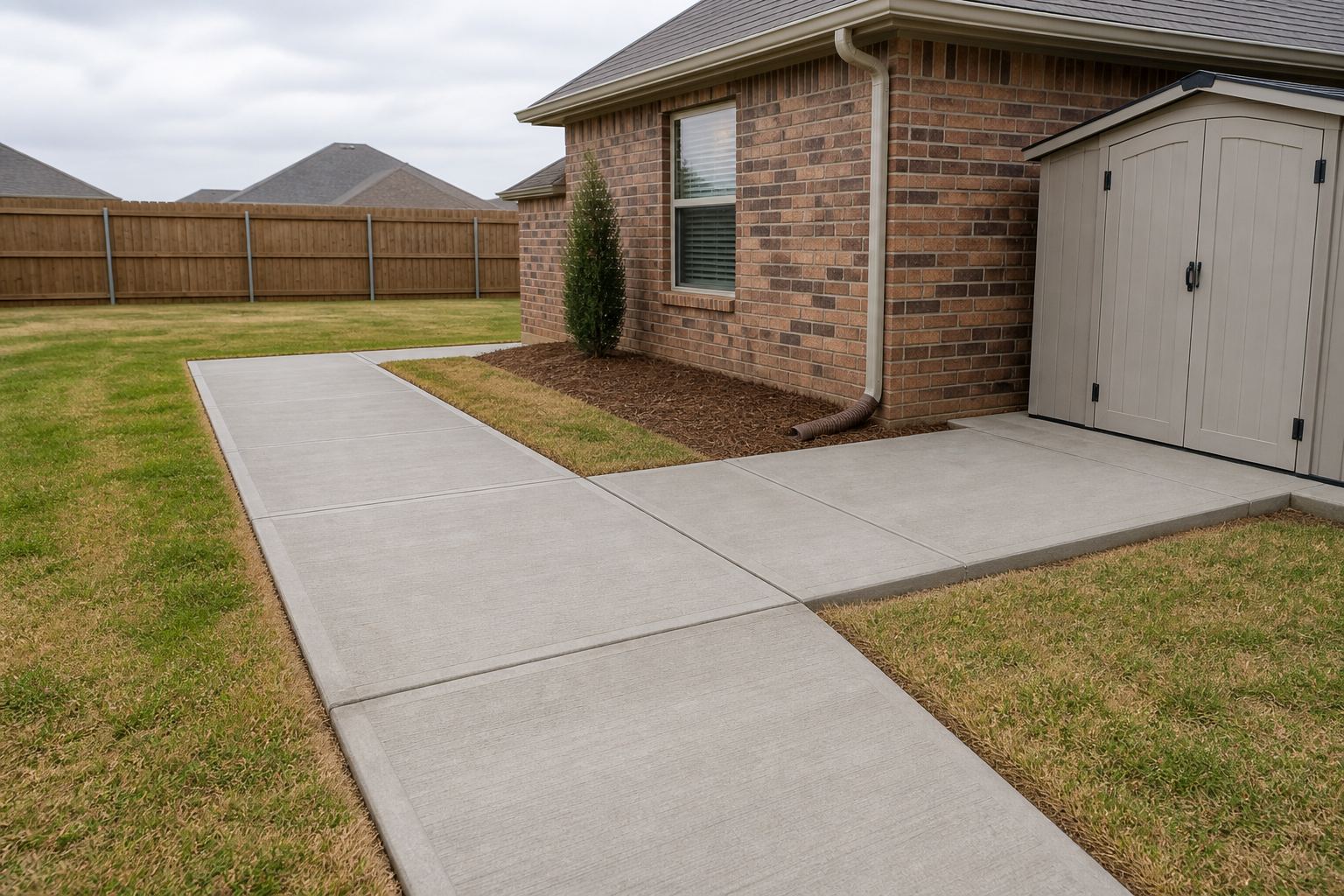 Residential concrete walkway and small pad beside a brick home