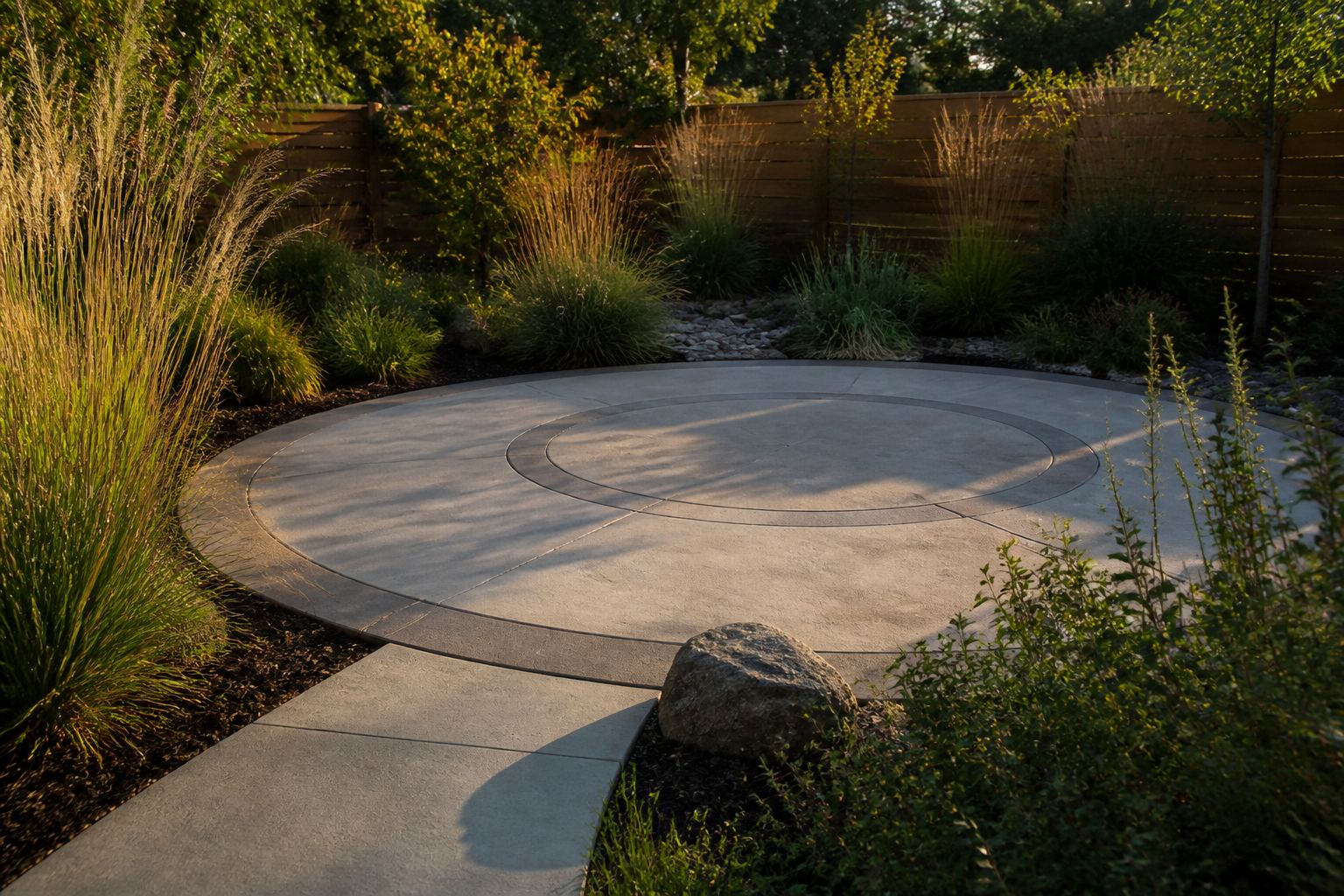 Circular residential concrete patio in a planted garden