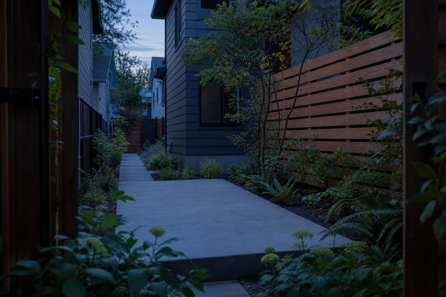 Blue-hour concrete courtyard and narrow side walkway